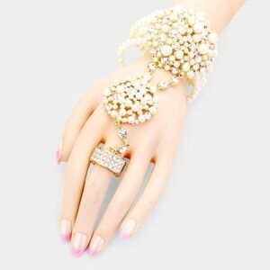 Cream Pearl Crystal Rhinestone Stretch Gold Hand Chain Bracelet